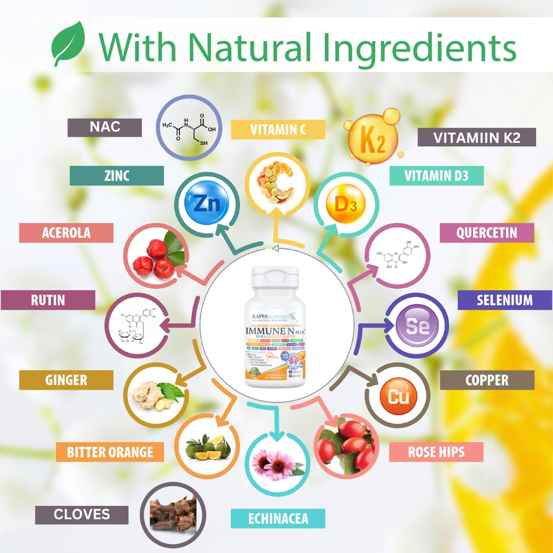 (90 Capsules), NAC 600mg, Quercetin 1,000mg, Vitamin C 500mg, Zinc 50mg, Vitamin D3 5,000iu, Selenium, Copper, Acerola, Ginger, Rutin, Citrus Bioflavonoids, Rose Hips, Echinacea, Immune N Plus 15 in 1 KAPPA NUTRITIONAu supplements