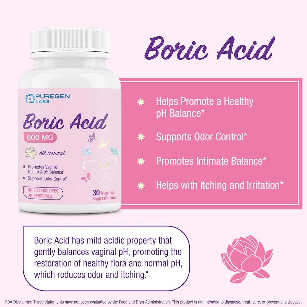 Puregen Labs Boric Acid 600 mg Vaginal Suppositories - 100% Pure | All Natural Without Dyes or Fillers P Puregen LabsAu supplements