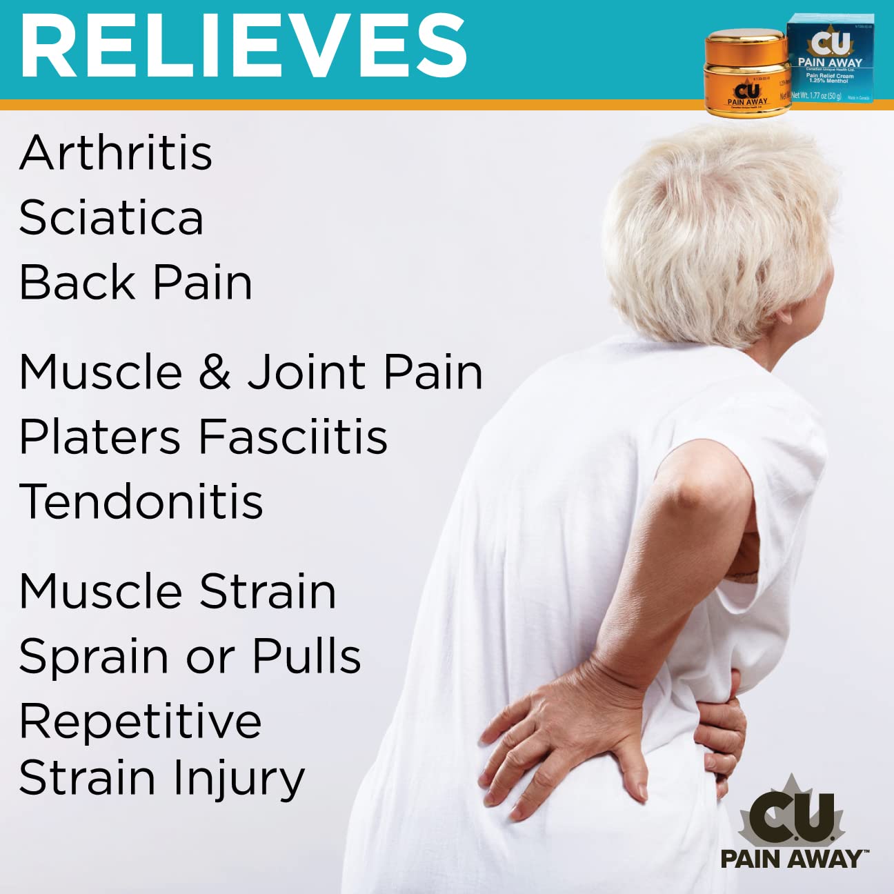 Arthritis Pain Relief Cream - C.U. Pain Away. Reduce Inflammation, Improve Mobility, Rapid Relief. Effective Muscle and Joint Pain Relief. All-Natural Ingredients. C.U. Pain AwayAu supplements