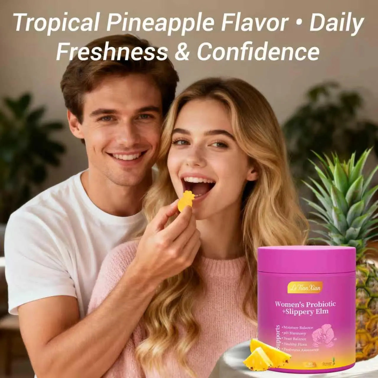 Le Tian Xian Her Juicy Feminine Probiotics Gummies for Women with Slippery Elm, Prebiotics & Lactobacillus - for pH Balance & Digestive Health, Tropical Pineapple Flavor, 60 Count Le Tian Xiannz supplements