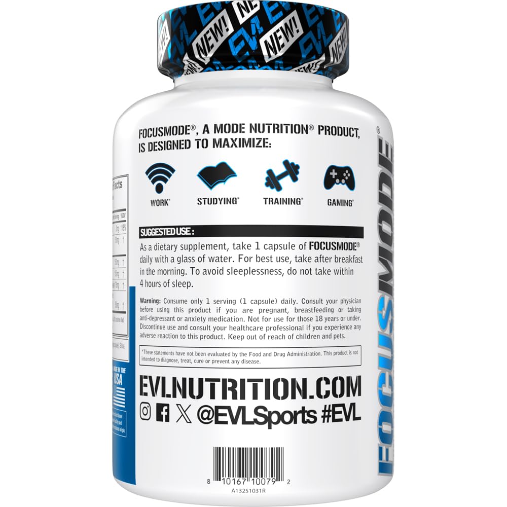 Evlution Nutrition Mental Energy and Focus Supplement for Adults - Nootropics Brain Support Supplement with Caffeine L Theanine Alpha GPC and L-Tyrosine - Focus Pills for Sustained Peak Performance EvlutionAu supplements