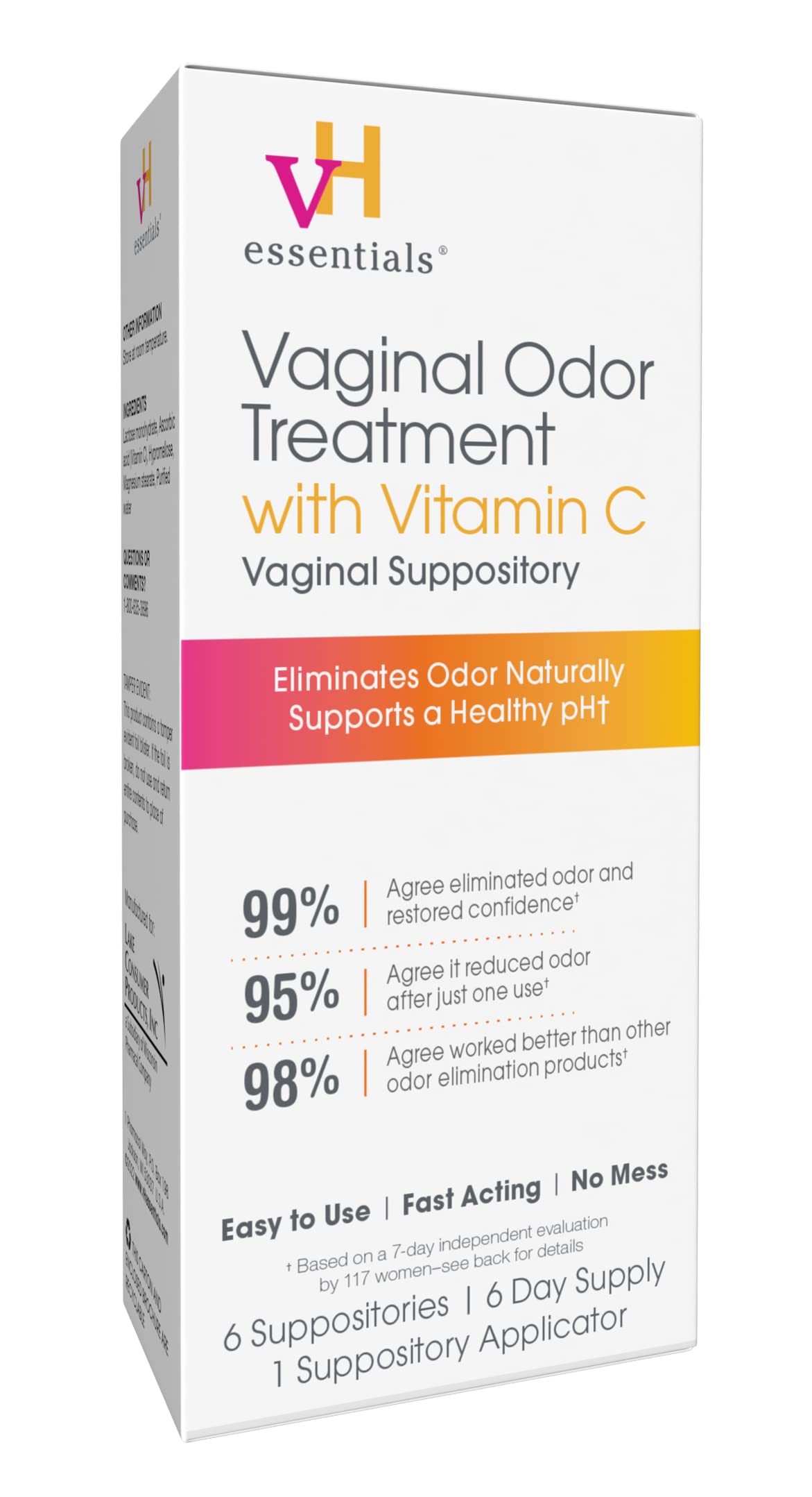 vH Essentials Vaginal Odor Treatment with Vitamin C, Boric Acid Suppositories Alternative, Supports Balanced pH, Eliminates Naturally, Suppositories, 6 w/Applicator, White vH essentialsUS supplements