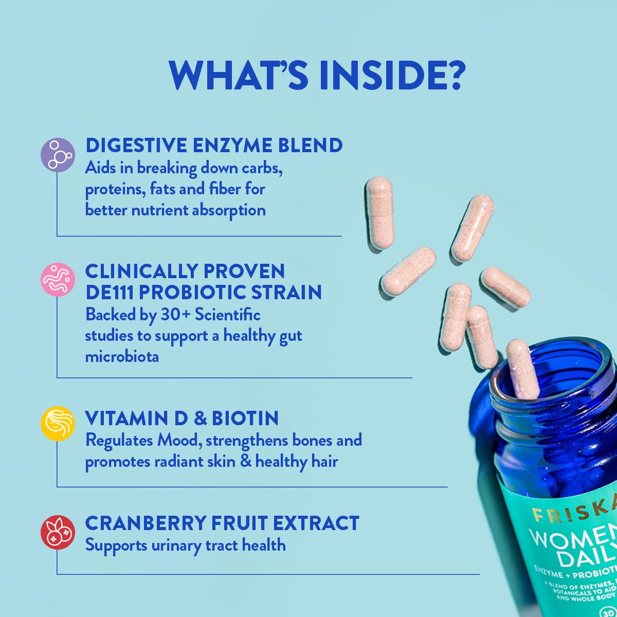 FRISKA Women’s Daily Digestive Enzyme and Probiotics Supplement, Advanced Natural Support for Female Digestive Health, Fights Bloating, Eases Digestion, Supports Nutrient Absorption, 30 Capsules FR!SKAAu supplements
