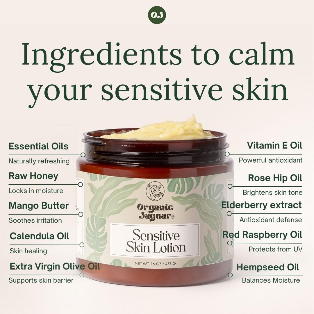 Organic Jaguar Natural Body Lotion for Sensitive Skin, Scent Free, Sulfate & Paraben Free Body Care, Moisturizer With Essential Oils, Vitamin E Oil, Beeswax, Extra Virgin Olive Oil, Raw Honey, 8 oz Organic JaguarAu supplements