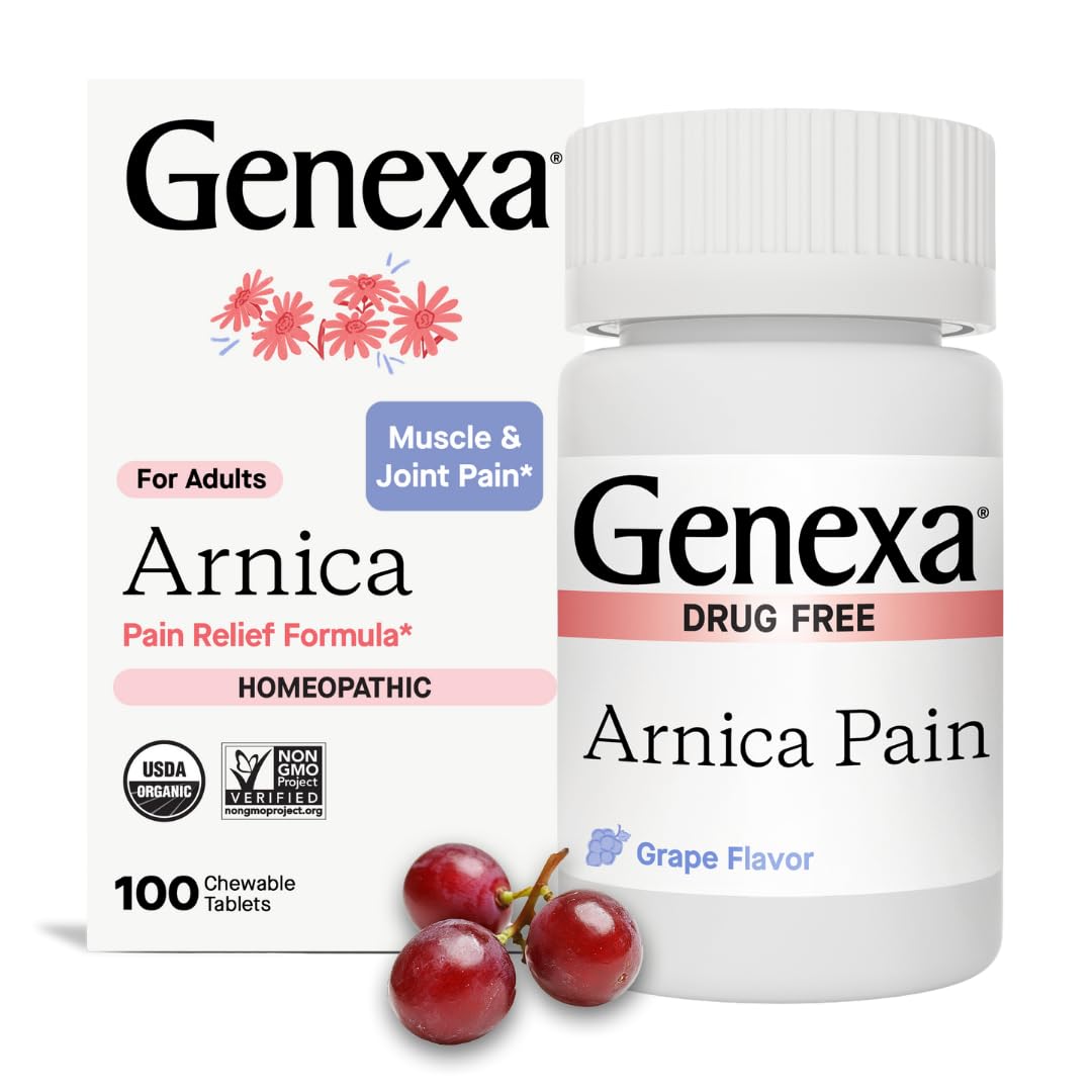 Genexa Arnica for Pain Relief | Alleviate Muscle & Joint Pain, Soreness & Stiffness | Reduces Bruises & Swelling | Organic Grape Flavor | Homeopathic Remedy Made Clean | 100 Chewable Tablets GenexaAu supplements