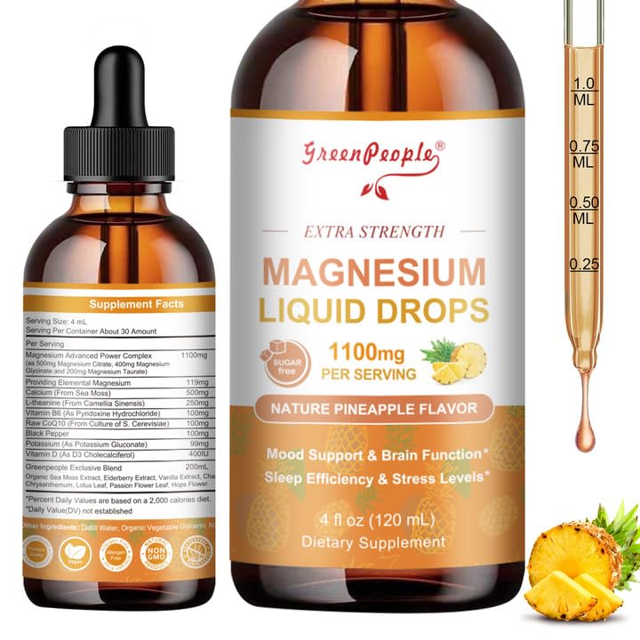 GREENPEOPLE Magnesium Glycinate Liquid Drop - 17-in-1 4Fl. Oz Triple Magnesium Complex Supplement with Glycinate 400mg & Citrate 500mg Taurate/L-Theanine for Calm Mood/Muscle/Sleep,Pineapple Flavor GREENPEOPLEAu supplements