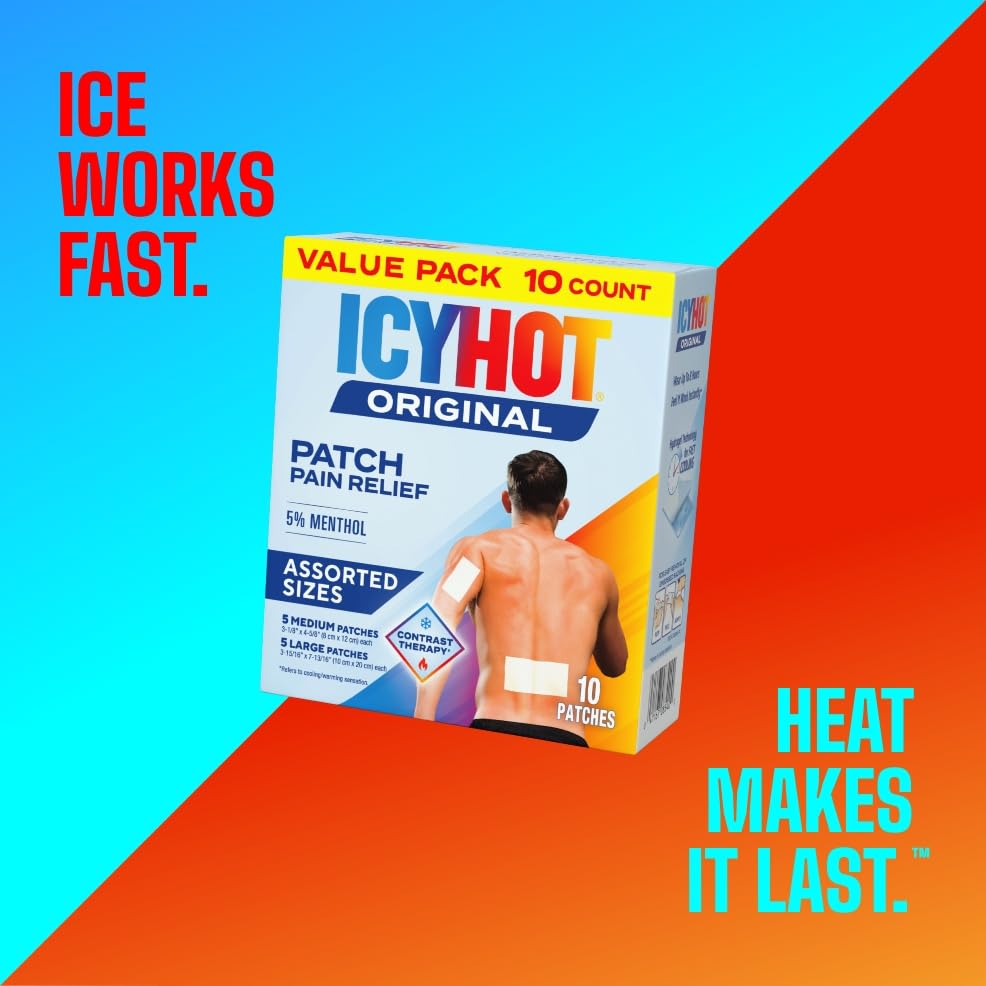 Icy Hot Original Pain Relief Patch Variety Pack with 5% Cooling Menthol for Fast-Acting Muscle and Joint Pain Relief, 5 Medium and 5 Large Comfortable Fabric Patches, 10 Ct., 2 pk Icy HotAu supplements