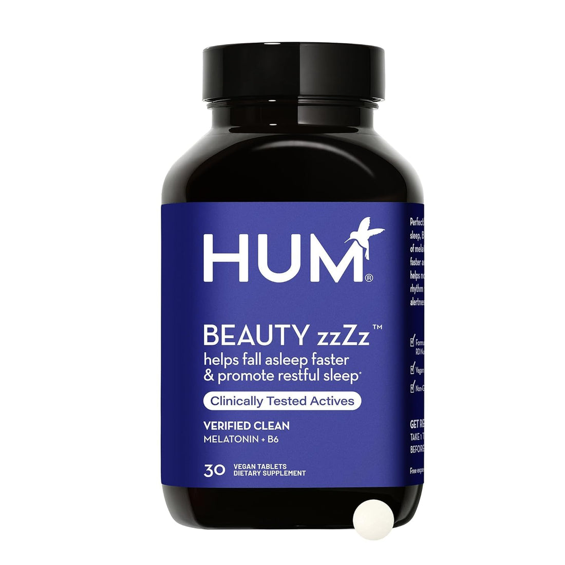 HUM Beauty zzZz Melatonin Sleep Supplement for Adults with Melatonin 3mg, Vitamin B6 and Calcium, Vegan, Gluten Free, Non GMO Sleep Support Tablets for Adults and Beauty Rest, 30 Vegan Tablets HUMUS supplements