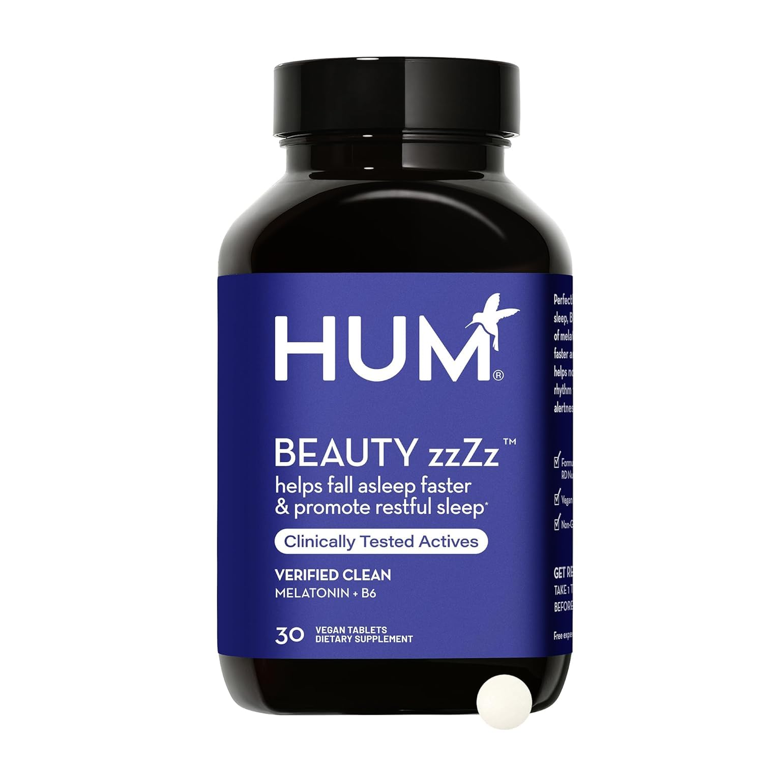 HUM Beauty zzZz Melatonin Sleep Supplement for Adults with Melatonin 3mg, Vitamin B6 and Calcium, Vegan, Gluten Free, Non GMO Sleep Support Tablets for Adults and Beauty Rest, 30 Vegan Tablets HUMUS supplements