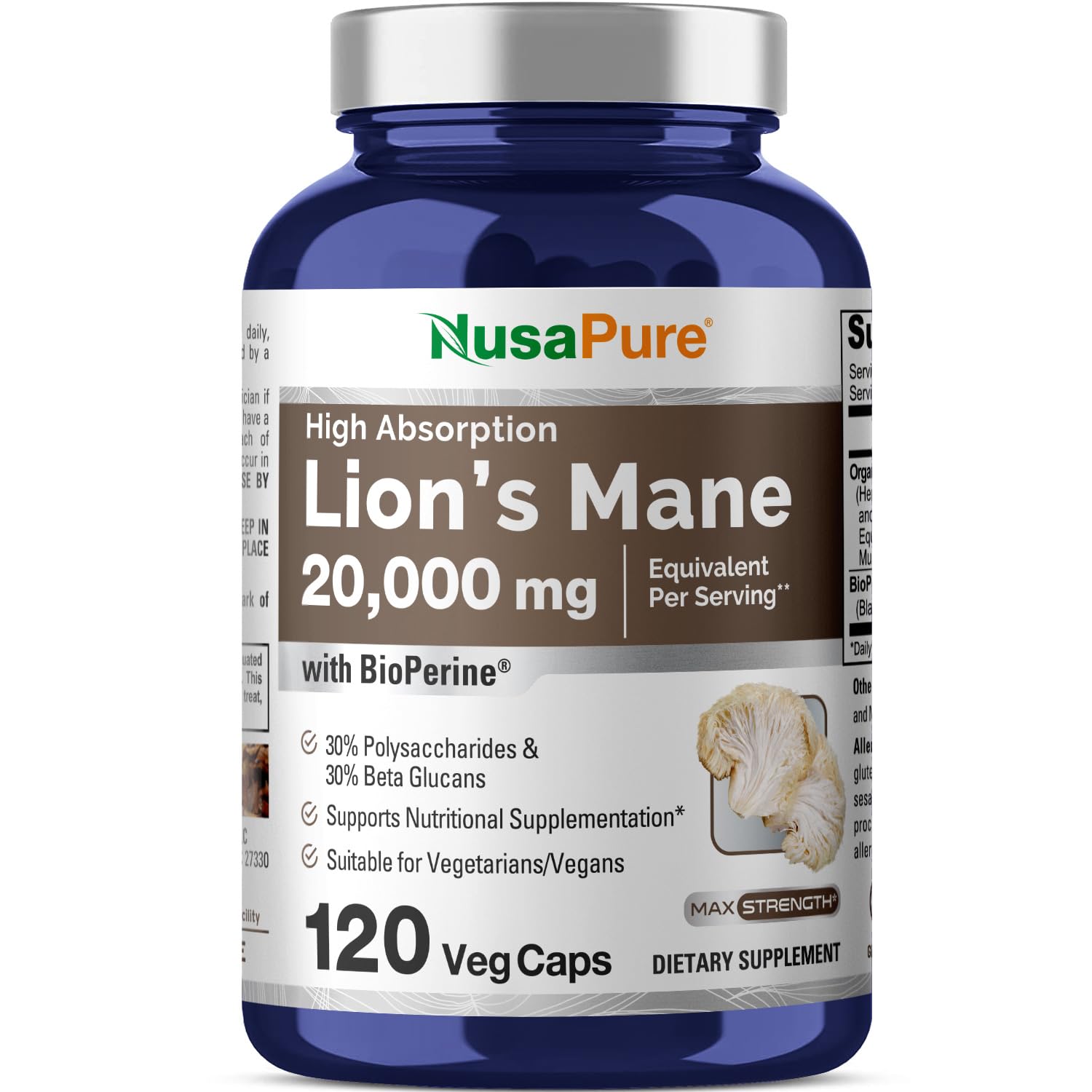 NusaPure Lions Mane 20:1 Extract (20,000 mg Equivalent) - Made with Organic Lion`s Mane, Bioperine - 30% Polysaccharides - 120 Veggie Caps. Non-GMO, Gluten Free NusaPureAu supplements