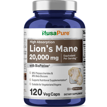 NusaPure Lions Mane 20:1 Extract (20,000 mg Equivalent) - Made with Organic Lion`s Mane, Bioperine - 30% Polysaccharides - 120 Veggie Caps. Non-GMO, Gluten Free NusaPureAu supplements