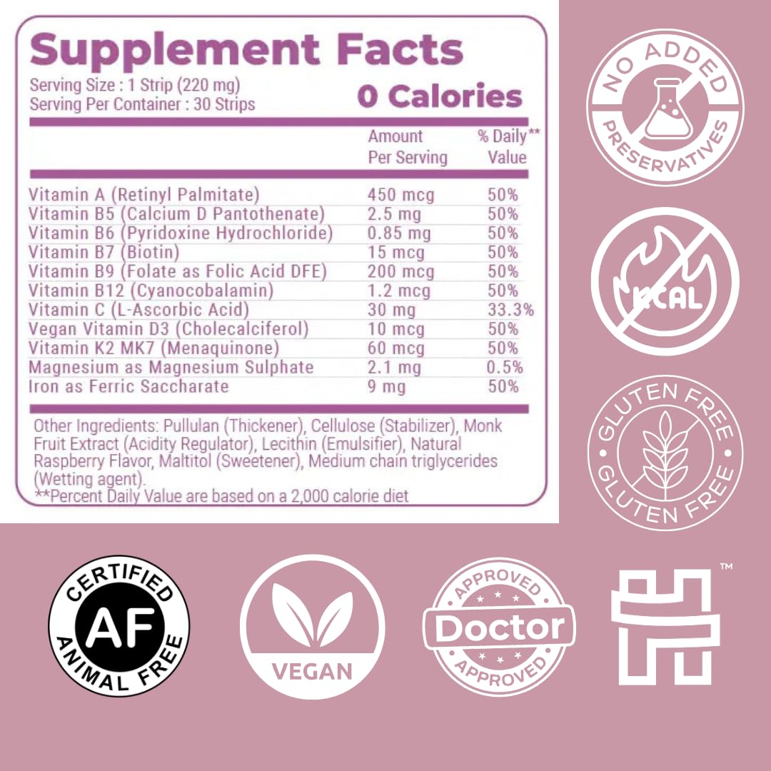 NutriHugs Daily Multivitamin Dissolving Strips - Vitamins A, B-Complex, C, D3 and K2 - 11 Essential Vitamins & Minerals - Vegan, Sugar-Free, Fast-Absorbing Oral Thin Film - Doctor-Founded - 30 Count MedHugsAu supplements