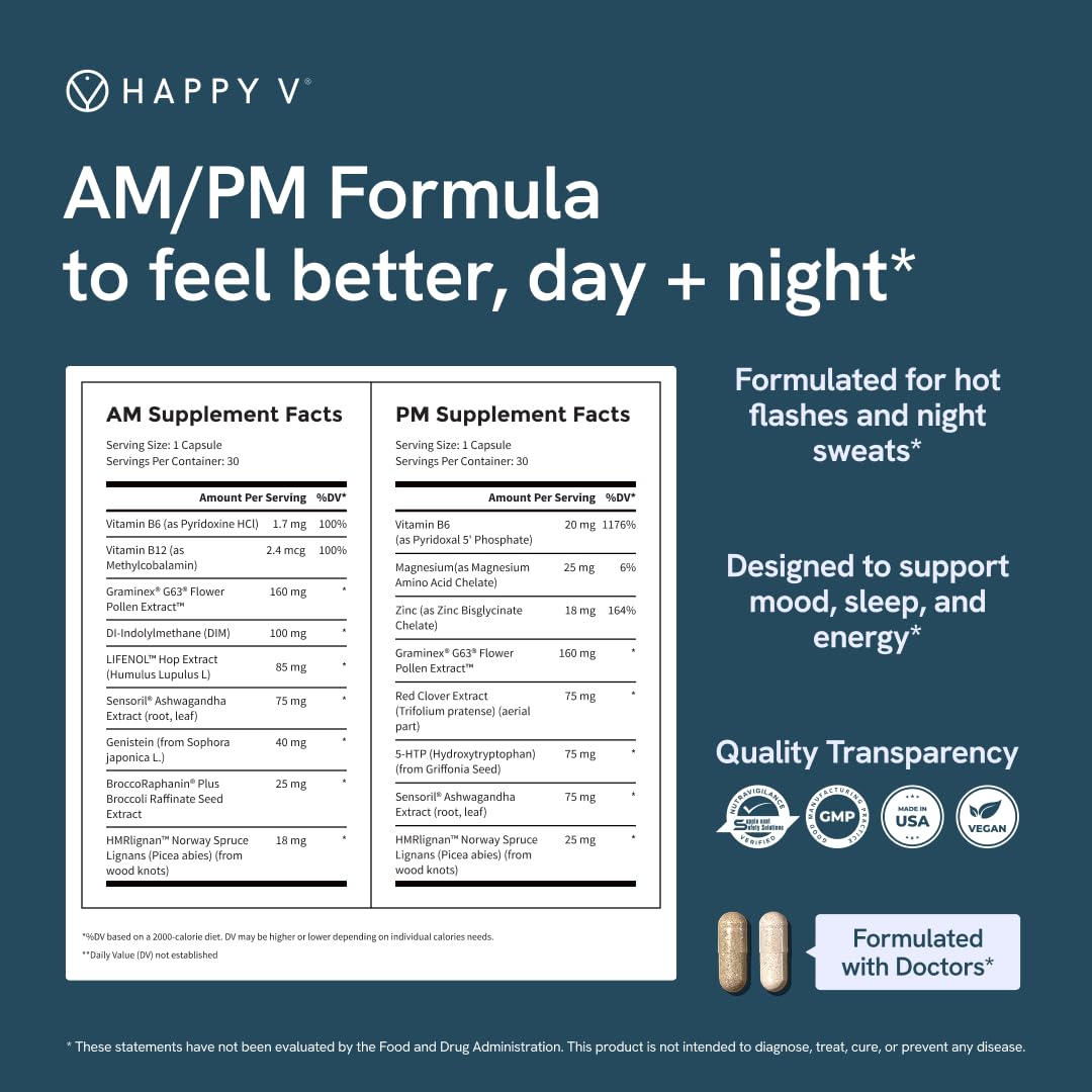 Happy V Menopause Relief Supplement for Women – Hormone Balance, Hot Flash & Night Sweat Support, Mood & Energy Booster, Vaginal Wellness, Perimenopause & Postmenopause Support – 60 Vegan Capsules Happy VAu supplements
