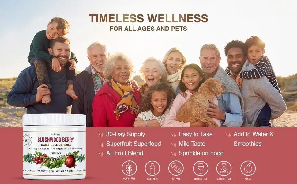 Aussie Pure Blushwood Berry Superfruit Daily Cell Defense - Soursop - Kakadu Plum - Pomegranate - Blueberry - Immune and Cell Support Powder - All Ages - Lab Tested and Authenticated - 180g/6.4oz Aussie Purenz supplements