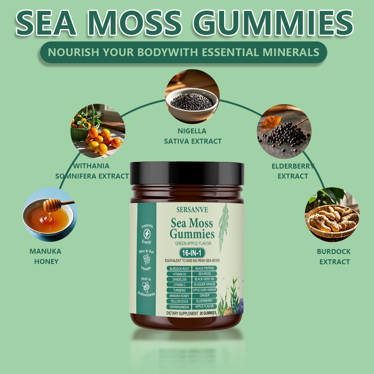 Sea Moss Gummies 16-in-1, with Black Seed Oil, Ashwagandha & Elderberry | Organic Irish Sea Moss Supplement for Men & Women | Daily Support with Manuka, Burdock Root & Vitamins C & D3, 30 Gummies SERSANVEAu supplements