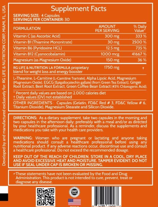 RG LIFE & NUTRITION - Weight Loss Pills, Energy Booster and Fat Burner with Magnesium RG LIFE & NUTRITIONUS supplements