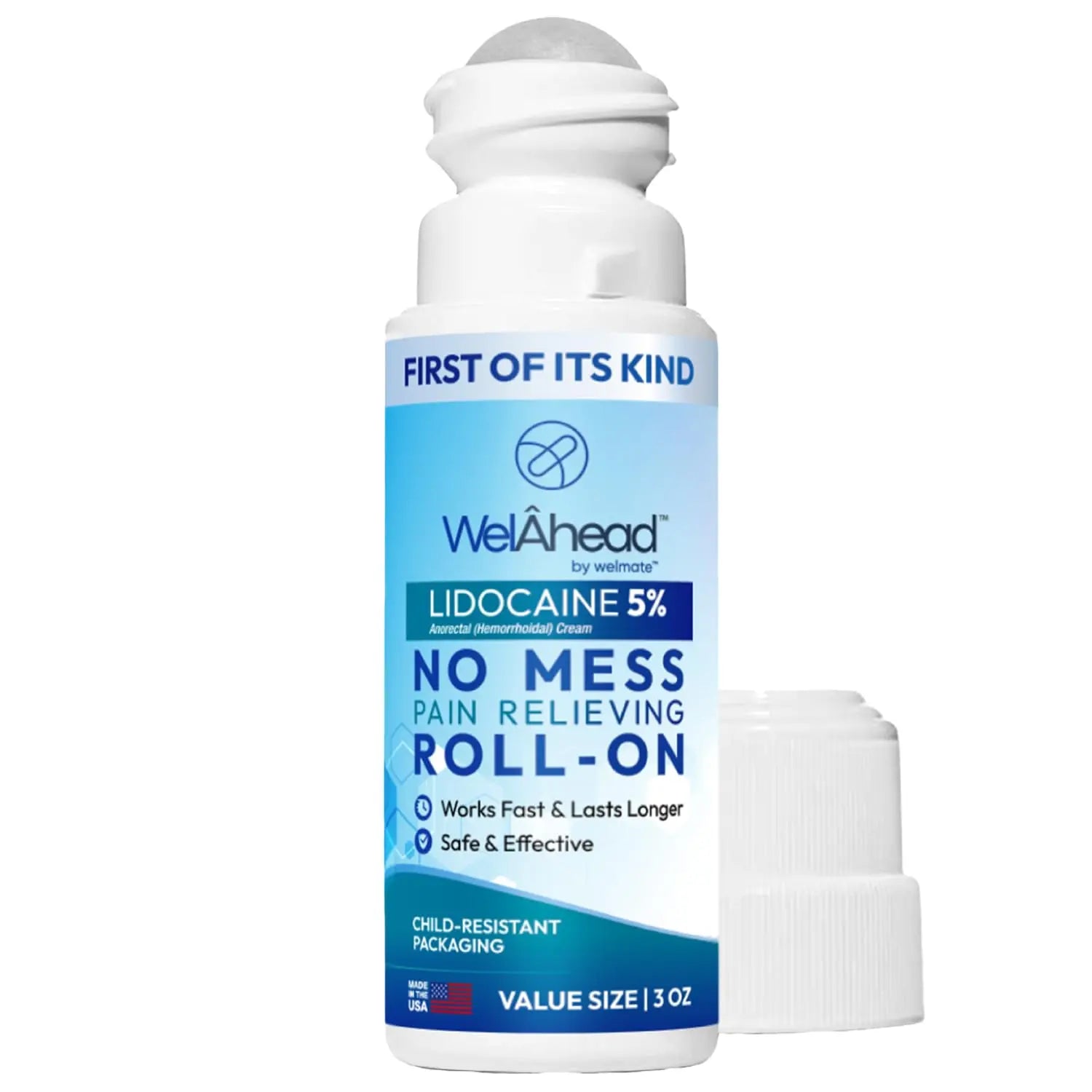 WELMATE - 5% Lidocaine Roll-On (3 oz Value Size) - No Mess Targeted Relief - Topical Anesthetic - Hemorrhoid Relief - Aloe Vera - Fast Acting & Long Lasting - Over-The-Counter Medication - First Aid WELMATEAu supplements