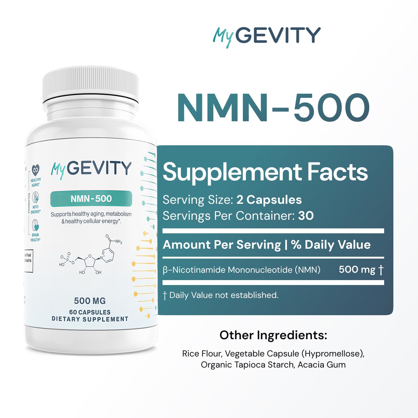NMN 500mg per Serving – Over 99% Purity – Nicotinamide Mononucleotide Capsules for NAD+ Support, Cellular Energy & Healthy Aging – Vegan, Non-GMO, cGMP Certified Facility, Made in USA – 60 Capsules MyGevityAu supplements