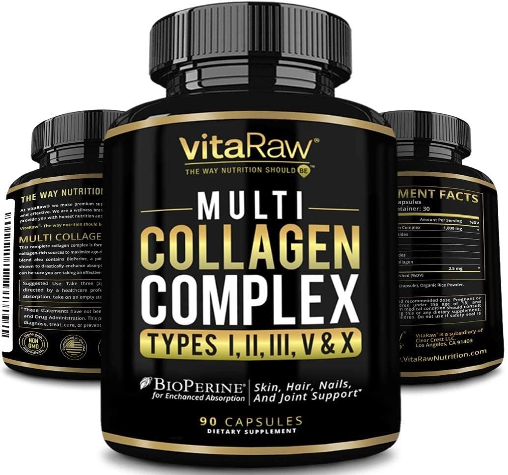 VitaRaw Collagen Pills 1800 mg - Multi Collagen Supplements (Types I, II, III, V & X) Grass Fed Non GMO Collagen Peptides Pills for Hair, Skin and Joints - Hydrolyzed Collagen Protein Powder VitaRawAu supplements