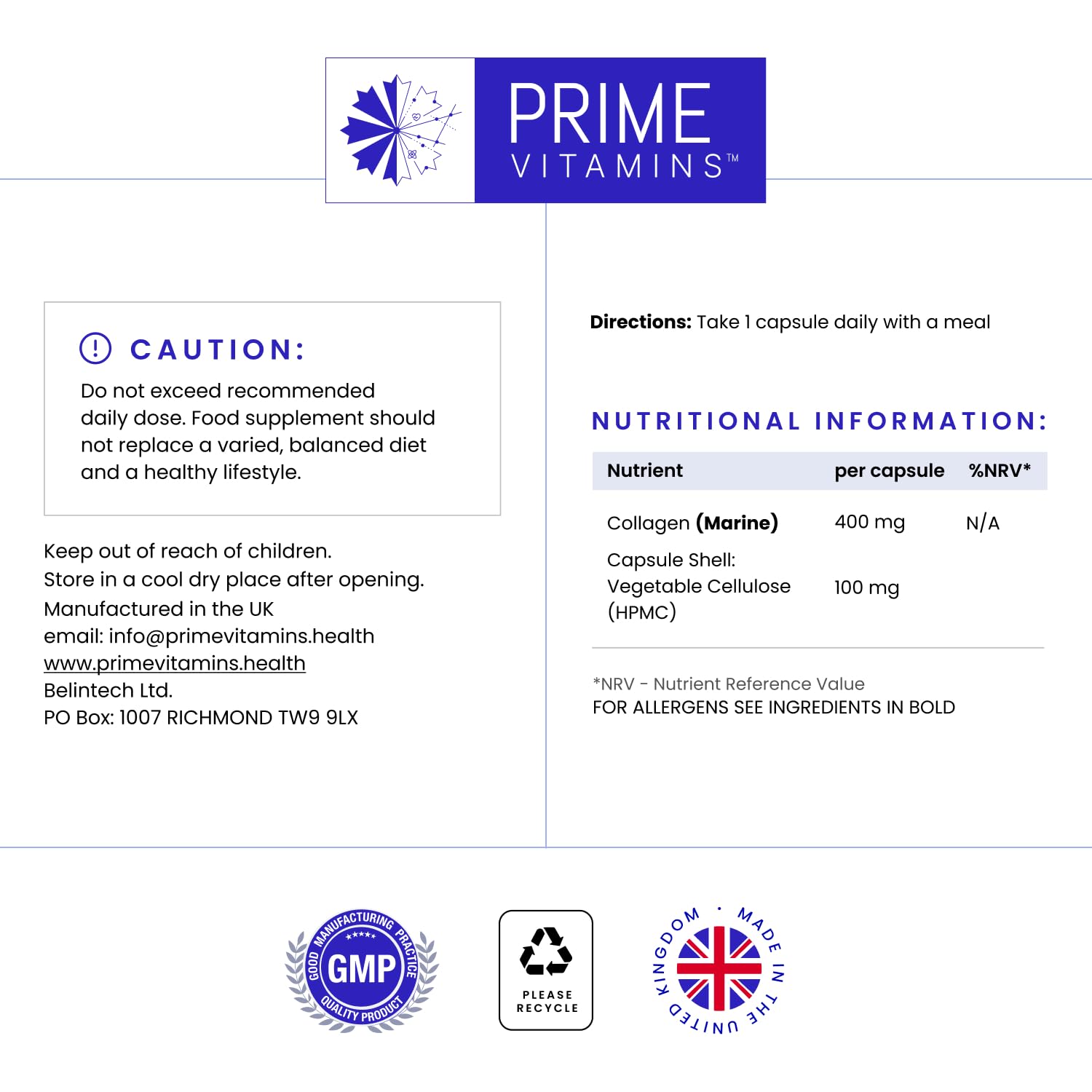 Marine Collagen 400mg | Hydrolysed Collagen Supplements for Women & Men PRIME VITAMINSAu supplements