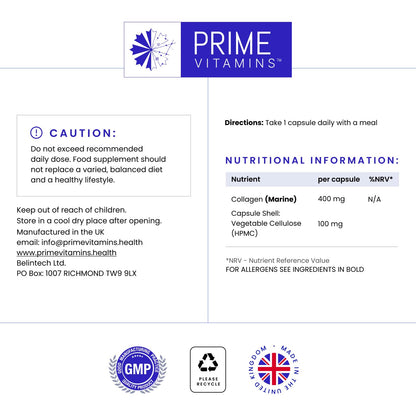 Marine Collagen 400mg | Hydrolysed Collagen Supplements for Women & Men PRIME VITAMINSUS supplements