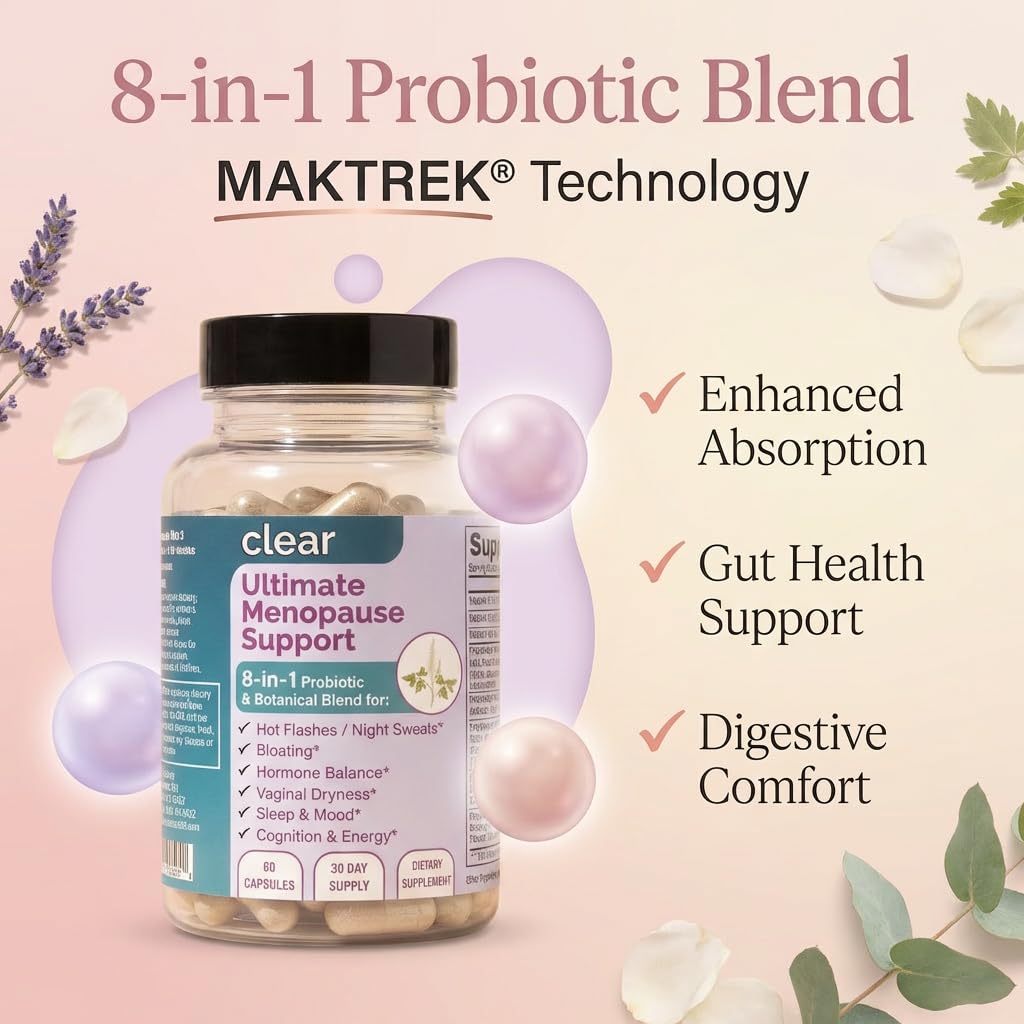 Clear Menopause Support for Women | 25-in-1 Formula with Black Cohosh, Dong Quai, Pre & Probiotics | Hot Flashes, Night Sweats, Mood, Sleep & Digestion | Hormone-Free | Made in USA | 60 Capsules Clear ProbioticsAu supplements