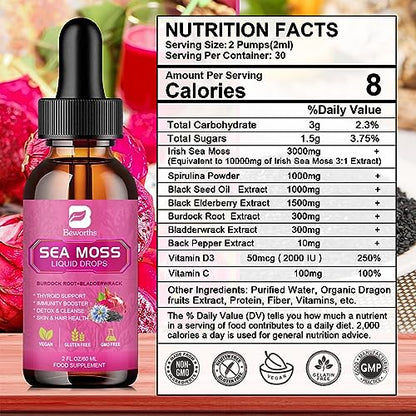 3000mg Sea Moss Liquid Drops - Black Seed Oil & Irish Sea Moss Gel B BEWORTHSUS supplements