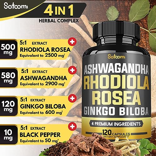 6050mg Rhodiola Rosea Supplement with Ashwagandha Root, Ginkgo Biloba & Black Pepper SatoomiUS supplements
