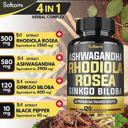 6050mg Rhodiola Rosea Supplement with Ashwagandha Root, Ginkgo Biloba & Black Pepper SatoomiUS supplements