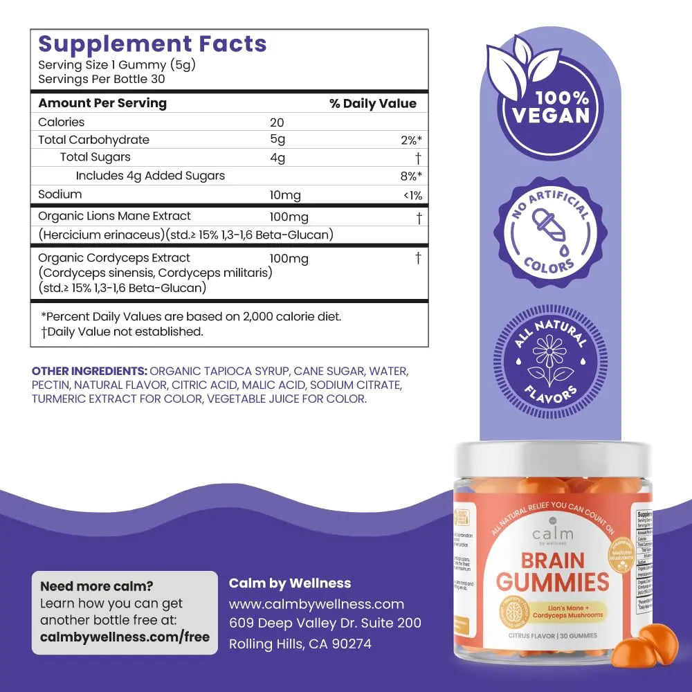 Calm by Wellness Lion’s Mane Gummies for Adults – Vegan Mushroom Gummies with Lion’s Mane & Cordyceps for Brain Support, Memory & Focus, Immune Boost – Citrus Flavor, 30 Count Calm by Wellnessnz supplements