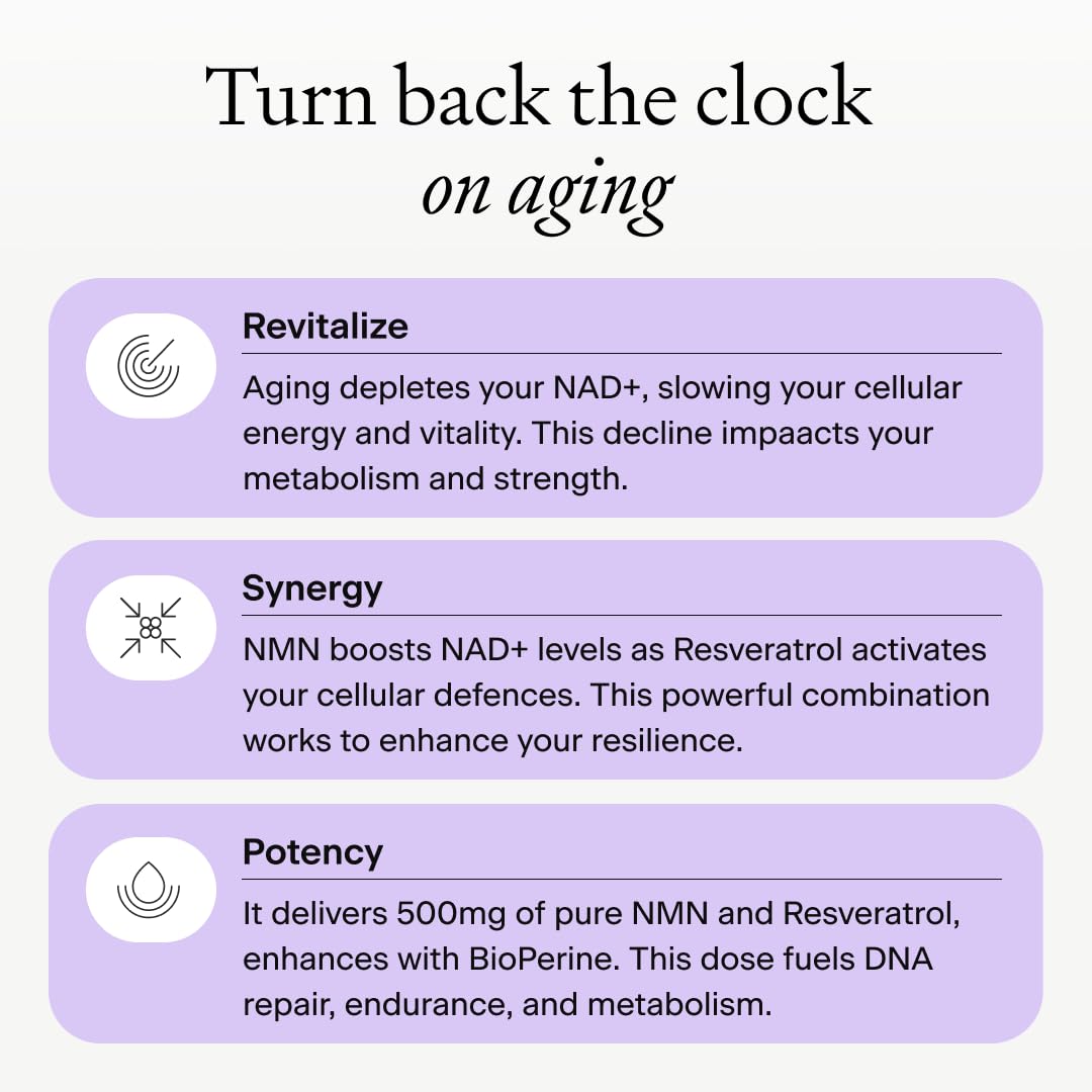 OMRE NMN + Resveratrol Supplement 99% Purity for Cellular Energy, NAD+ Boost | Highly Bioavailable Nicotinamide Mononucleotide Supplement Resveratrol 500mg & NMN 500mg, Made in USA, 60 Capsules OMREAu supplements