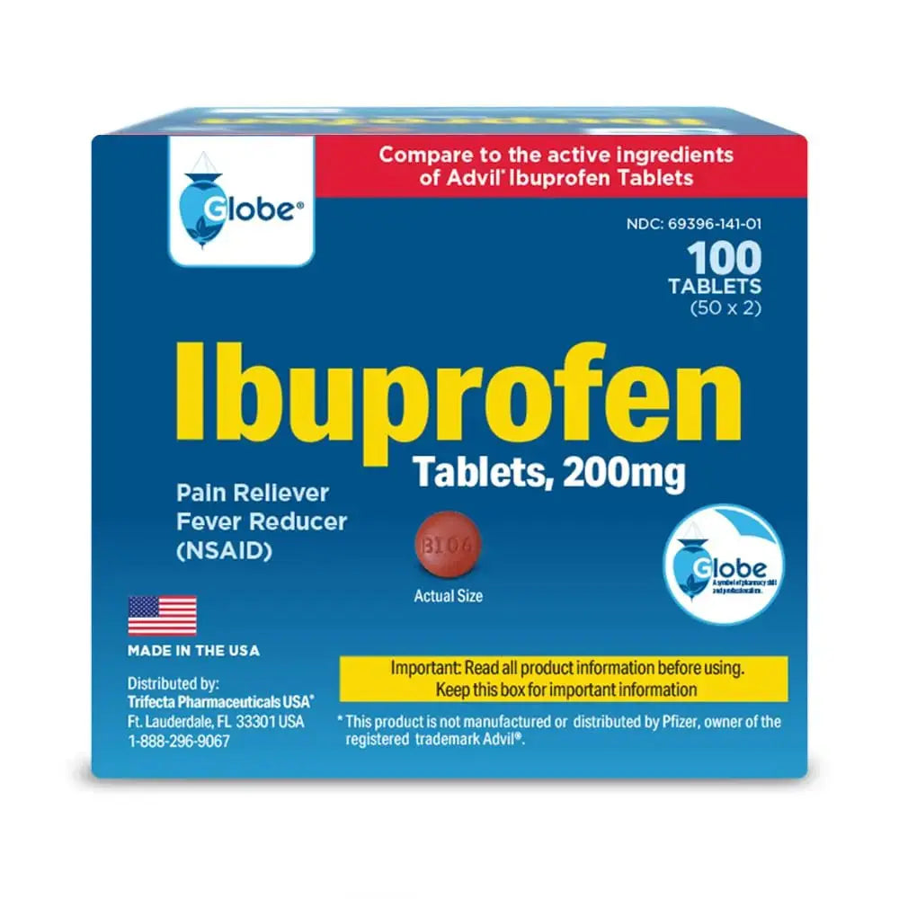 Globe Ibuprofen Tablets, 200 mg, Pain Reliever and Fever Reducer, for Headache, Muscular Aches, Arthritis, Backache and More 50 Packets of 2 Tablets Each,100 Tablets Trifecta Pharmaceuticals USAAu supplements