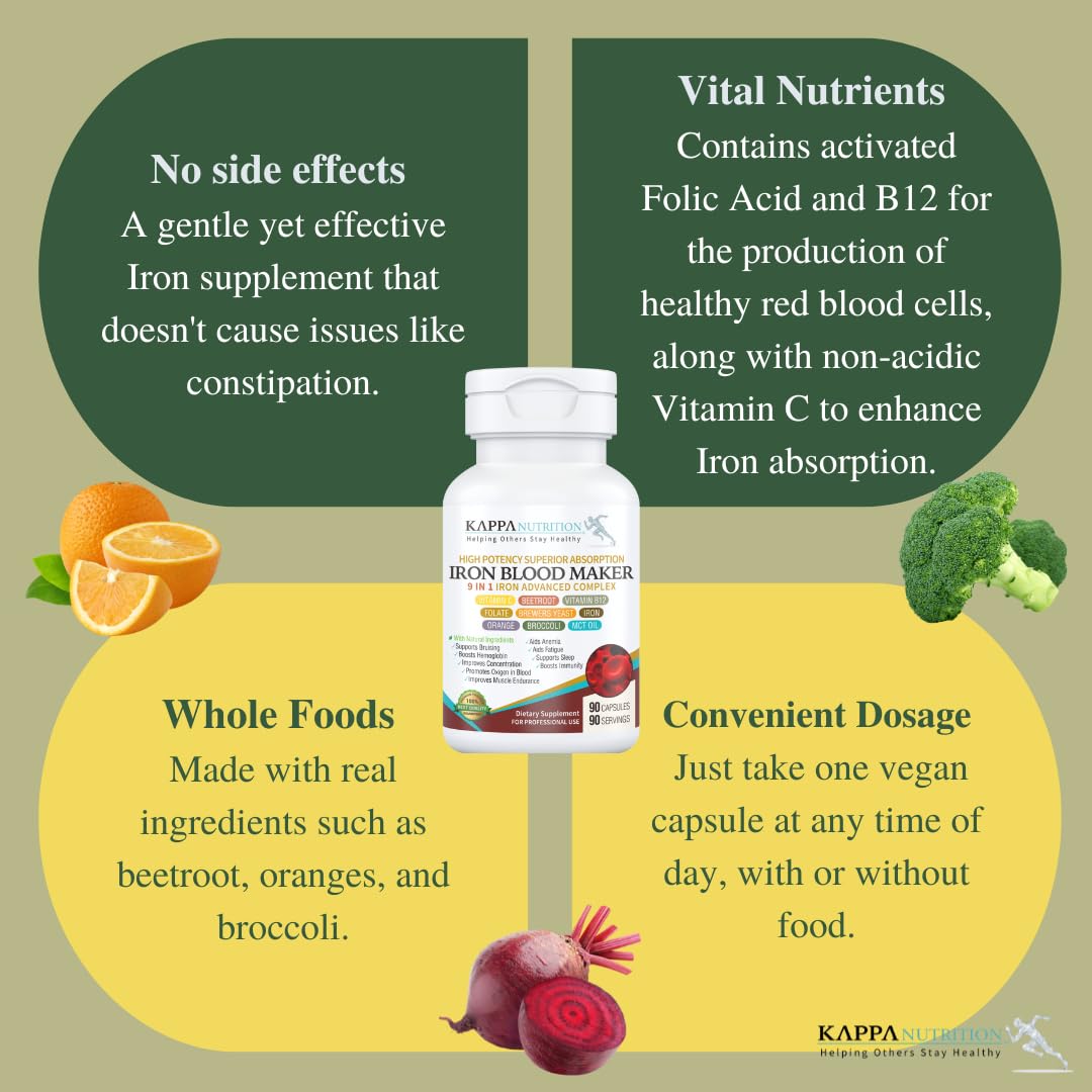 KAPPA NUTRITION Iron 26mg, Vitamin C & Orange 150mg, Folate 667mcg DFE, Vitamin B12, Beetroot, Brewers Yeast, Broccoli & MCT Oil 9 in 1 Advanced Complex (90 Capsules) KAPPA NUTRITIONAu supplements