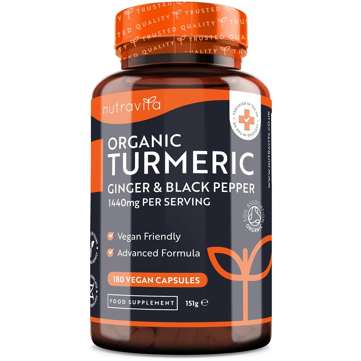 Organic Turmeric 1440mg (High Strength) with Black Pepper & Ginger - 180 Vegan Turmeric NutravitaUS supplements
