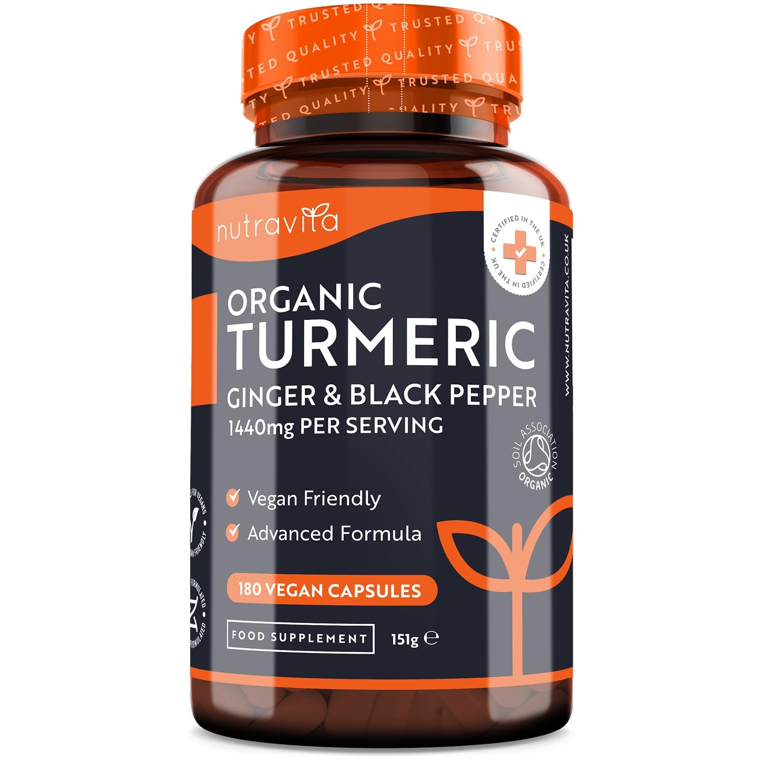 Organic Turmeric 1440mg (High Strength) with Black Pepper & Ginger - 180 Vegan Turmeric NutravitaUS supplements