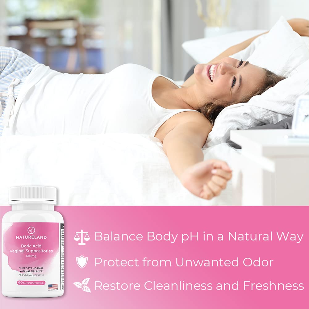 Natureland Boric Acid Suppositories for Women - 600mg, 40 Count - Made in USA - Feminine Care for pH Balance & Odor Control - Unscented Intimate Health Support NaturelandUS supplements