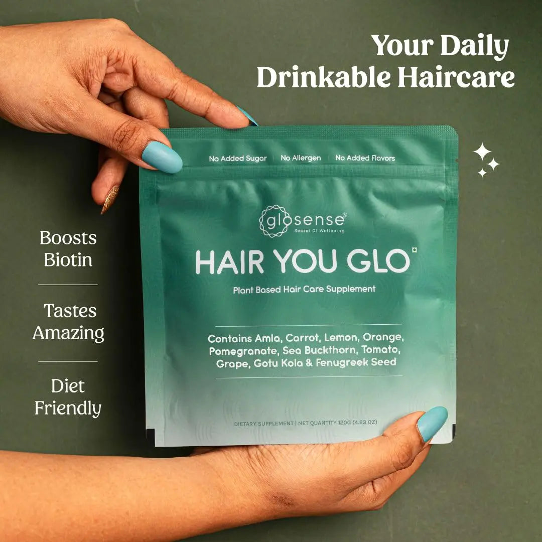 Glosense Hair You Glo – Plant-Based Biotin Supplement | Hair Growth Drink | Natural Hair Vitamins Powder with Amla, Sea Buckthorn, Gotu Kola | No Added Sugar, No Added Flavours | 30 Servings Glosensenz supplements