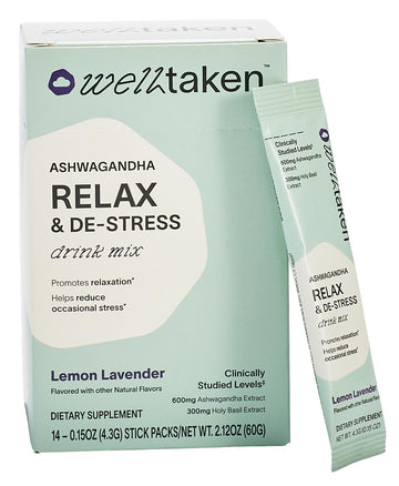 WellTaken Ashwagandha Relax & De-Stress Powder - Lemon Lavender 14ct Box - 600mg Ashwagandha, 200mg L-Theanine, Holy Basil – Supports Stress, Relaxation – Vegan, No Added Sugar - 14 Servings WellTakenAu supplements