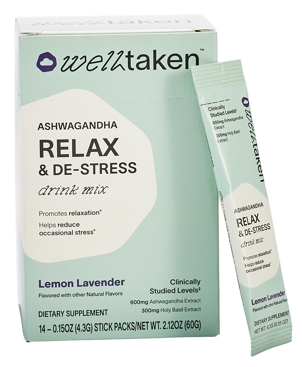WellTaken Ashwagandha Relax & De-Stress Powder - Lemon Lavender 14ct Box - 600mg Ashwagandha, 200mg L-Theanine, Holy Basil – Supports Stress, Relaxation – Vegan, No Added Sugar - 14 Servings WellTakenAu supplements