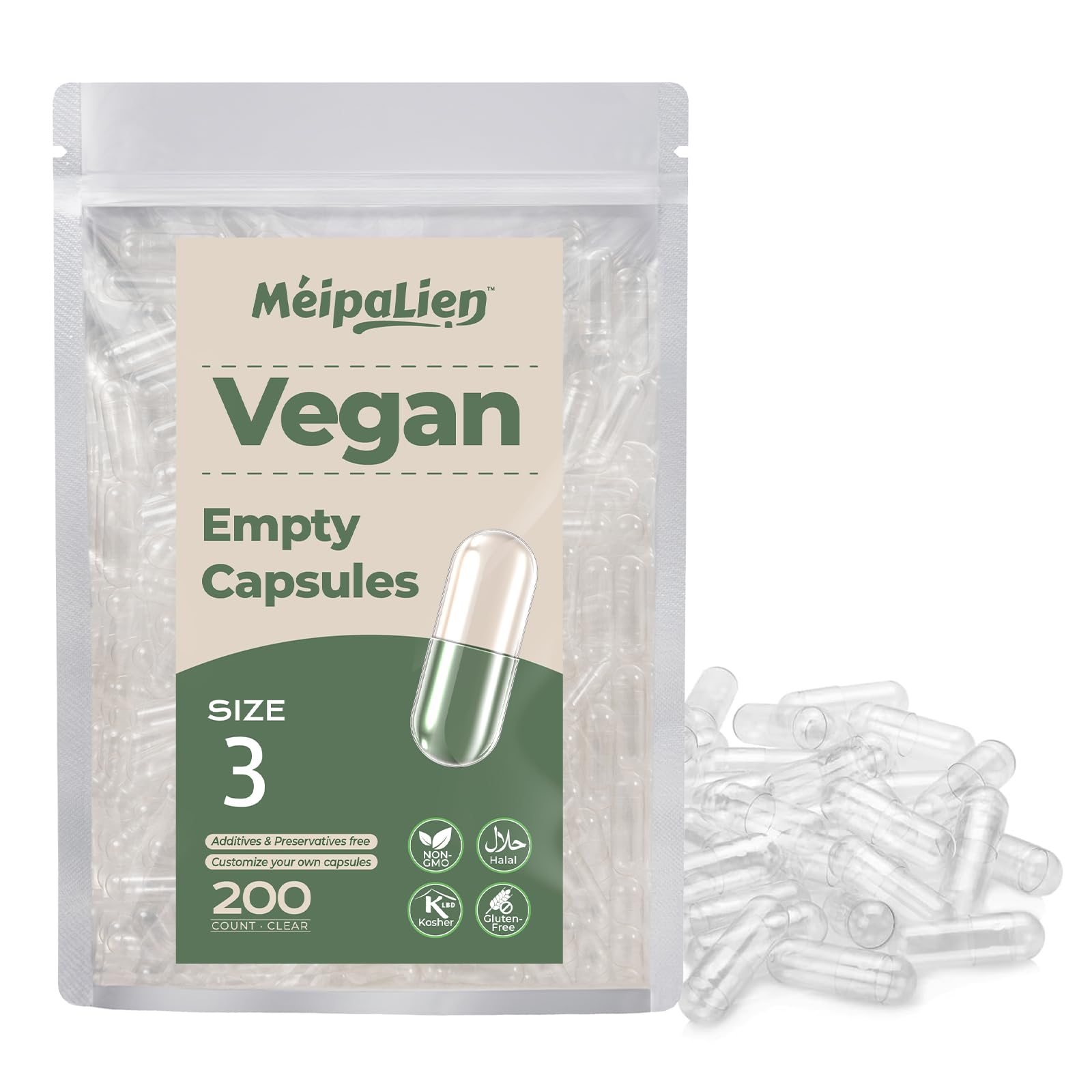MéipaLien HPMC Empty Capsules Size 3-200 Clear Count Pill Capsules Empty - Plant-Based Cellulose | Vegetarian, Halal, Non-GMO | for DIY Supplement & Herbal Filling MéipaLienAu supplements