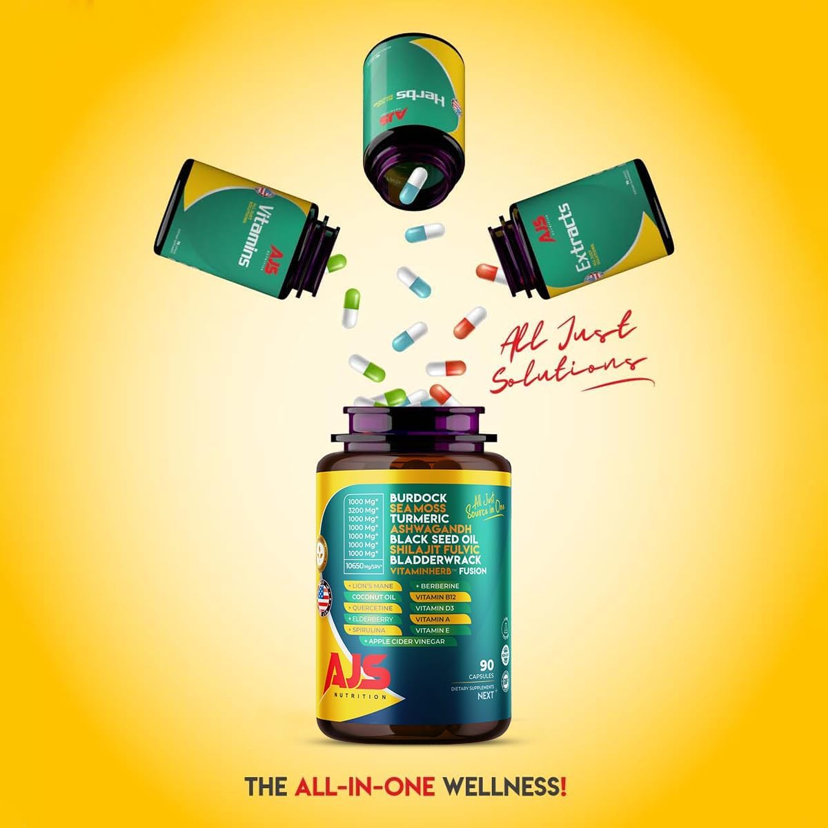 AJS Sea Moss Capsules 3200mg, Himalayan Shilajit 1000mg with Black Seed Oil, Ashwagandha, Turmeric, Bladderwrack, Burdock, Vitamins, Berberine, Lion’s Mane Mushroom, Elderberry- 90 Caps AJS NutritionAu supplements