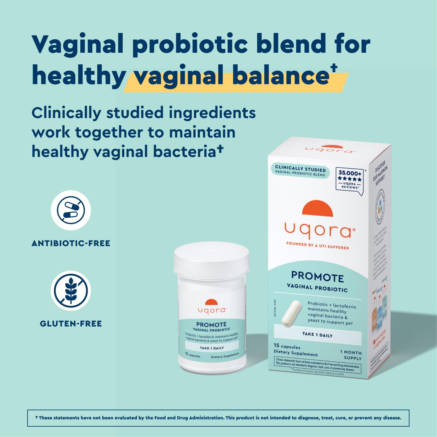 Uqora Promote - Support Vaginal Health* - Probiotic for Women with Lactoferrin, Lactobacillus Acidophilus & Lacticaseibacillus Rhamnosus - Vaginal Probiotics - Gluten-Free - 15 Capsules UqoraAu supplements