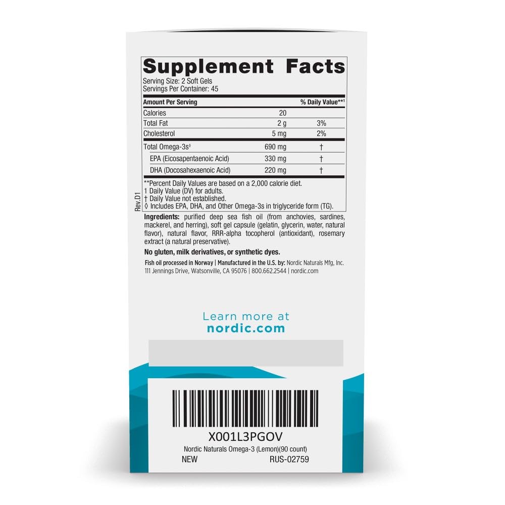 Nordic Naturals Omega-3, Lemon Flavor - 90 Soft Gels - 690 mg Omega-3 - Fish Oil - EPA & DHA - Immune Support, Brain & Heart Health, Optimal Wellness - Non-GMO - 45 Servings Nordic NaturalsAu supplements