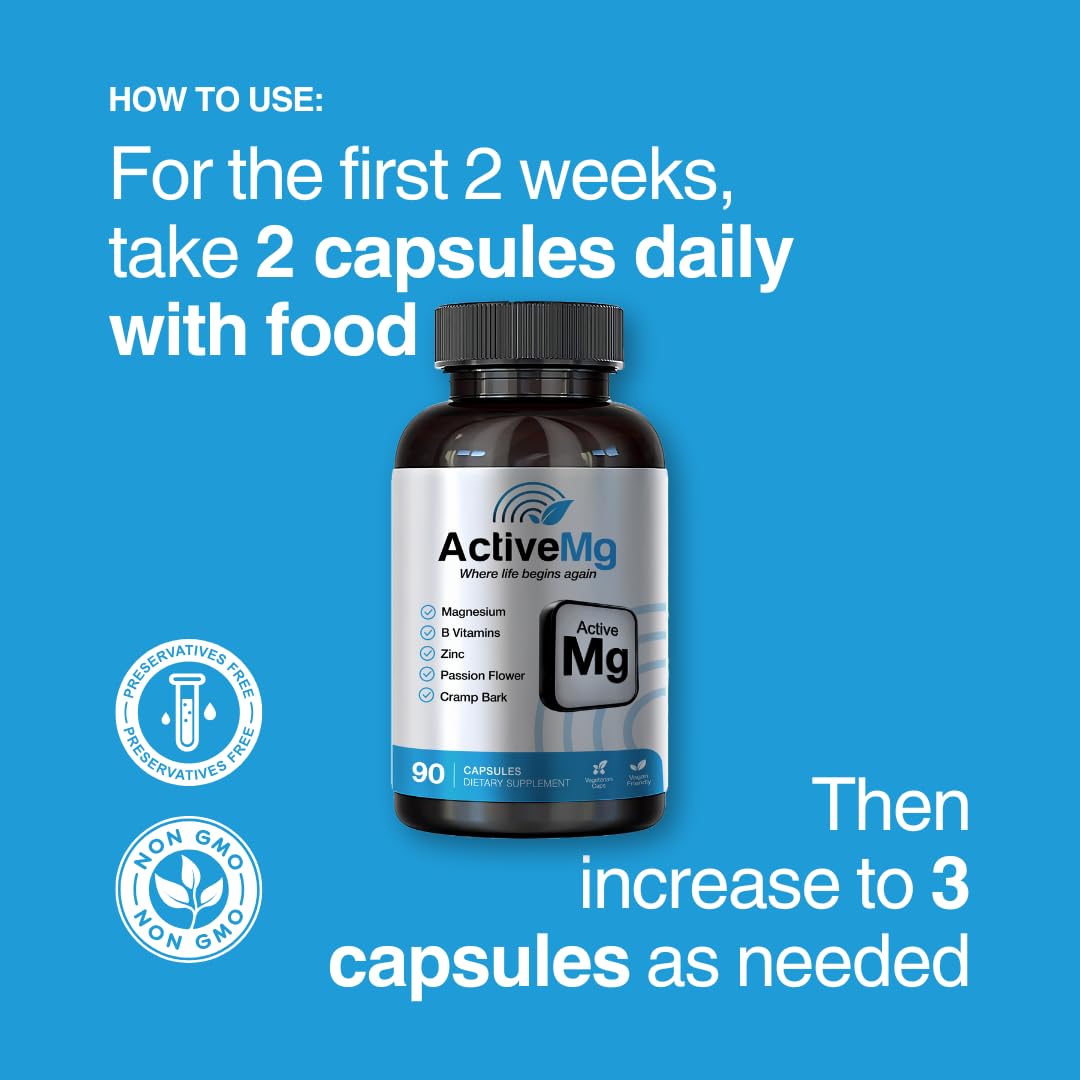 Active Mg Magnesium Supplement – 300mg Elemental Magnesium + Zinc & B Vitamins – Muscle & Nerve Support – 90 Vegan Capsules Migraine StopAu supplements