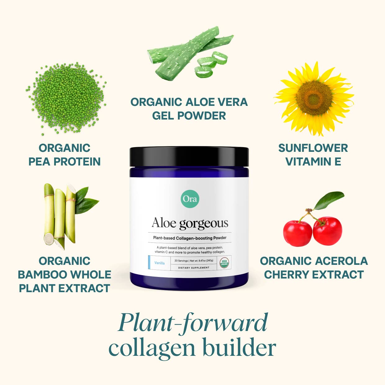 Ora Organic Vegan Collagen-Boosting Powder for Women and Men - Hair, Skin, & Nails Support - Bamboo Silica, Plant-Based Protein, Organic Vitamin C, Aloe Vera - Vanilla Flavor, 20 Servings Ora OrganicUS supplements
