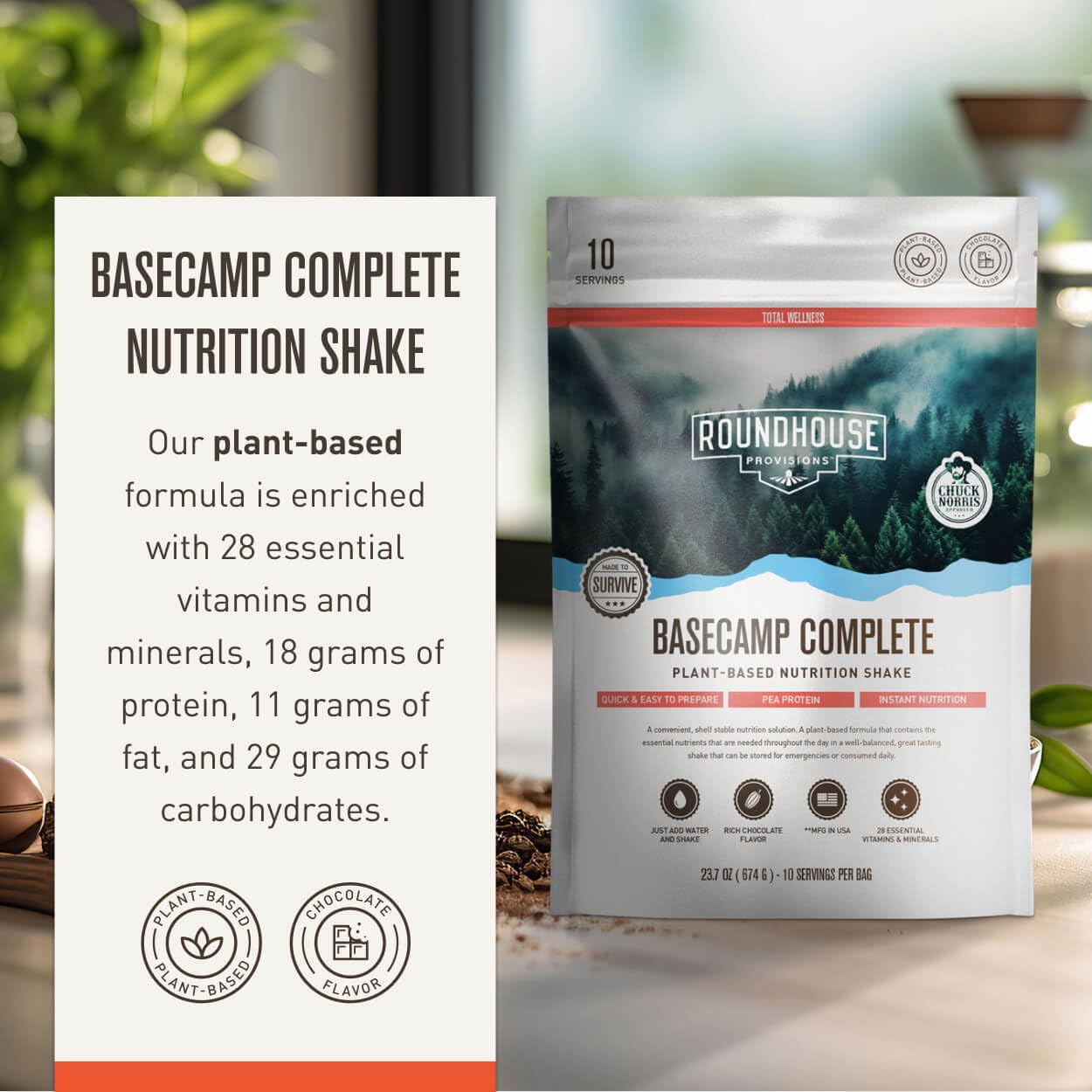 Basecamp Complete Nutrition Shake by Chuck Norris Roundhouse Provisions – Plant-Based Emergency Meal with 18g Protein & 28 Essential Nutrients – Rich Chocolate Flavor – 10 Servings, 3-Year Shelf Life ROUNDHOUSE PROVISIONAu supplements