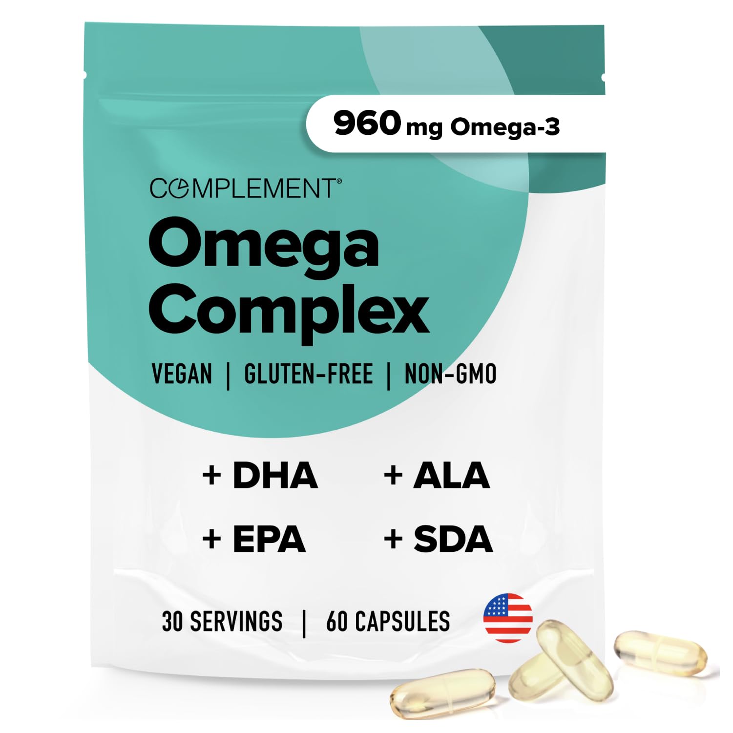 Vegan Omega 3 Supplement- 960mg Omega-3 Fatty Acids, DHA, EPA, SDA, ALA Supplement - Immune Support- 30 Servings, 60 Liquid Capsules ComplementAu supplements