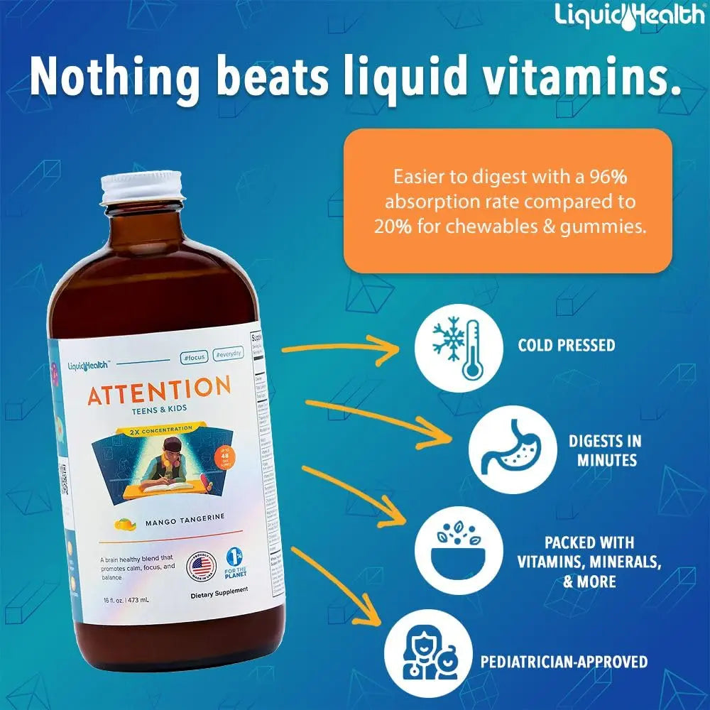 LIQUIDHEALTH Attention, Liquid Multivitamin for Kids & Teens - Improves Memory Retention, Concentration, Focus, Mood, Relaxation & Calming LIQUIDHEALTHAu supplements