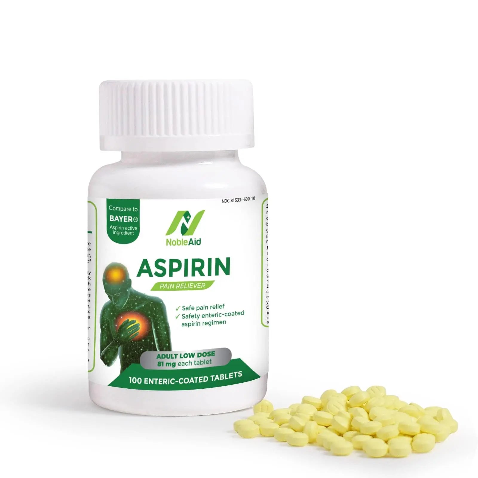 Pure Low Dose Baby Aspirin 81mg for Adults, 100 Count Enteric Coated Aspirin Tablets for Men and Women, Safe Relief for Symtoms Associated with Headache, Arthritis, Cramps NobleAidAu supplements