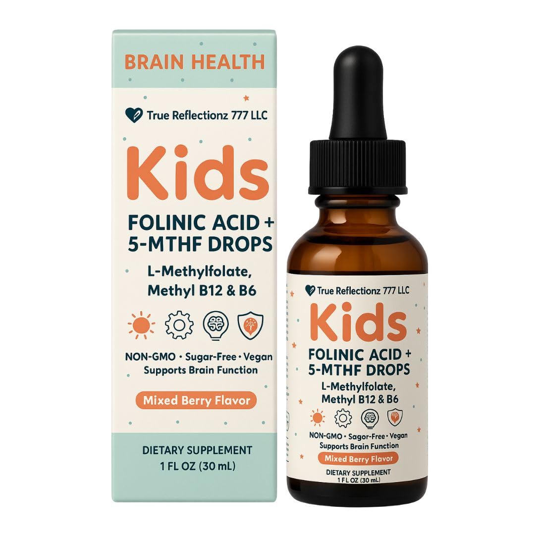 Folinic Acid Drops Kids 800 mcg + L-Methylfolate + B12 +P5P B6 Gentle Methylation Great Taste, Magnesium Glycinate, Vitamin D3 & C Folate Support for Brain,Focus, Mood & Cellular Health 5-MTHF Drops True reflectionzAu supplements